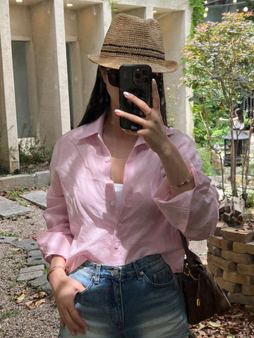 DAZY Women's Solid Color Loose Turndown Collar Short Pink Long Sleeve Shirt DAZY Women's Solid Color Loose Turndown Collar Short Pink Long Sleeve Shirt