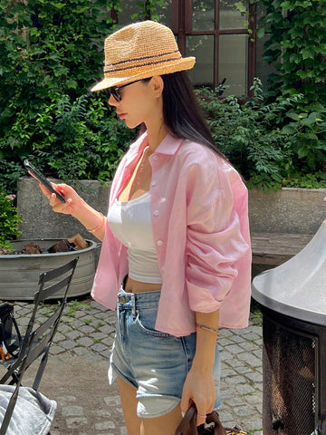 DAZY Women's Solid Color Loose Turndown Collar Short Pink Long Sleeve Shirt DAZY Women's Solid Color Loose Turndown Collar Short Pink Long Sleeve Shirt