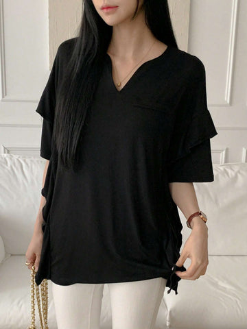 Women's Solid Color Notched V-Neck Ruffle Hem Short Sleeve Casual T-Shirt For Spring/Summer Women's Solid Color Notched V-Neck Ruffle Hem Short Sleeve Casual T-Shirt For Spring/Summer