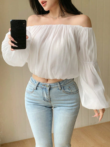 DAZY Women's Solid Color Off-Shoulder Lantern Sleeve Elegant Summer Vacation Blouse DAZY Women's Solid Color Off-Shoulder Lantern Sleeve Elegant Summer Vacation Blouse