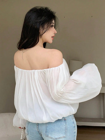 DAZY Women's Solid Color Off-Shoulder Lantern Sleeve Elegant Summer Vacation Blouse DAZY Women's Solid Color Off-Shoulder Lantern Sleeve Elegant Summer Vacation Blouse
