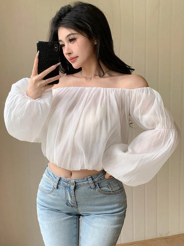 DAZY Women's Solid Color Off-Shoulder Lantern Sleeve Elegant Summer Vacation Blouse DAZY Women's Solid Color Off-Shoulder Lantern Sleeve Elegant Summer Vacation Blouse