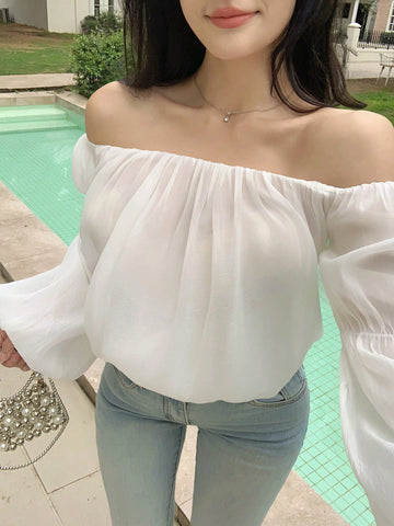 DAZY Women's Solid Color Off-Shoulder Lantern Sleeve Elegant Summer Vacation Blouse DAZY Women's Solid Color Off-Shoulder Lantern Sleeve Elegant Summer Vacation Blouse