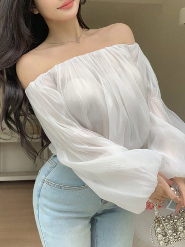 DAZY Women's Solid Color Off-Shoulder Lantern Sleeve Elegant Summer Vacation Blouse DAZY Women's Solid Color Off-Shoulder Lantern Sleeve Elegant Summer Vacation Blouse