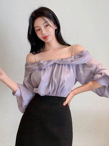 DAZY Women's Solid Color Off Shoulder Long Sleeve Loose Floral Casual Elegant Blouse DAZY Women's Solid Color Off Shoulder Long Sleeve Loose Floral Casual Elegant Blouse