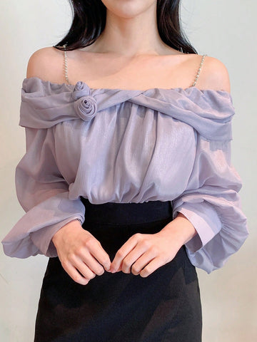 DAZY Women's Solid Color Off Shoulder Long Sleeve Loose Floral Casual Elegant Blouse DAZY Women's Solid Color Off Shoulder Long Sleeve Loose Floral Casual Elegant Blouse