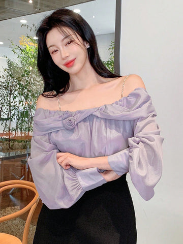 DAZY Women's Solid Color Off Shoulder Long Sleeve Loose Floral Casual Elegant Blouse DAZY Women's Solid Color Off Shoulder Long Sleeve Loose Floral Casual Elegant Blouse