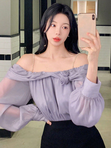 DAZY Women's Solid Color Off Shoulder Long Sleeve Loose Floral Casual Elegant Blouse DAZY Women's Solid Color Off Shoulder Long Sleeve Loose Floral Casual Elegant Blouse