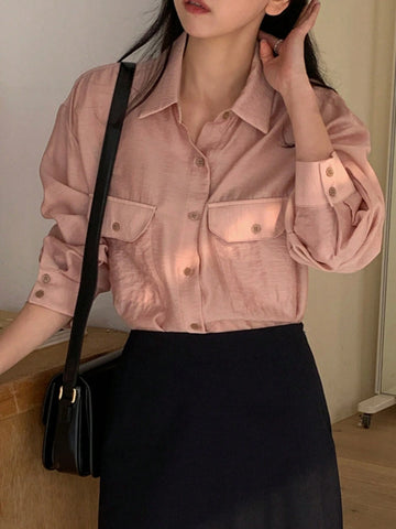 DAZY Women's Solid Color Pocket Turndown Collar Shirt, Autumn DAZY Women's Solid Color Pocket Turndown Collar Shirt, Autumn