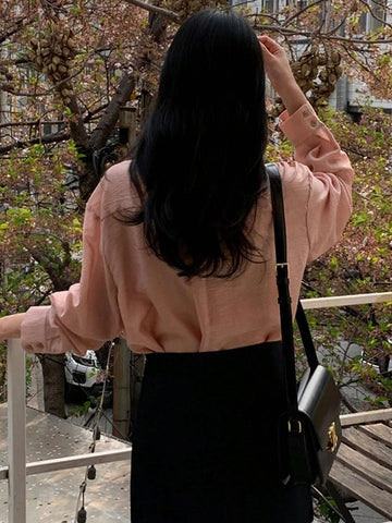 DAZY Women's Solid Color Pocket Turndown Collar Shirt, Autumn DAZY Women's Solid Color Pocket Turndown Collar Shirt, Autumn