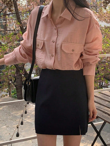 DAZY Women's Solid Color Pocket Turndown Collar Shirt, Autumn DAZY Women's Solid Color Pocket Turndown Collar Shirt, Autumn