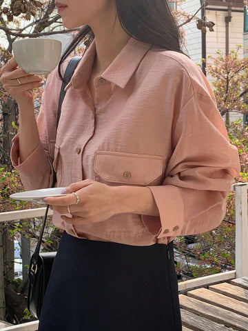 DAZY Women's Solid Color Pocket Turndown Collar Shirt, Autumn DAZY Women's Solid Color Pocket Turndown Collar Shirt, Autumn