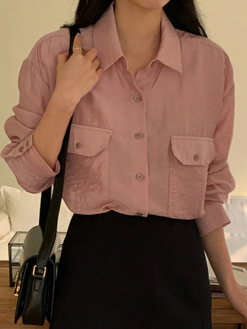 DAZY Women's Solid Color Pocket Turndown Collar Shirt, Autumn DAZY Women's Solid Color Pocket Turndown Collar Shirt, Autumn