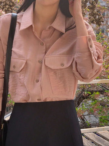 DAZY Women's Solid Color Pocket Turndown Collar Shirt, Autumn DAZY Women's Solid Color Pocket Turndown Collar Shirt, Autumn
