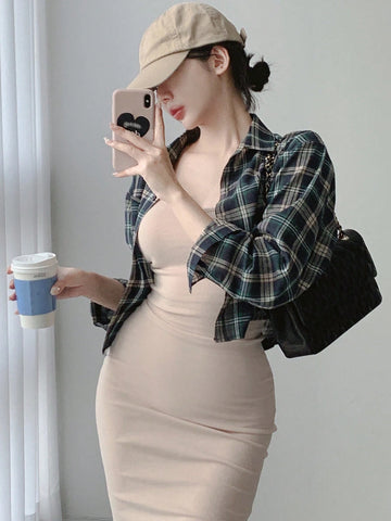 DAZY Women's Spring/Summer Plaid Printed Long Sleeve Casual Shirt, Cropped Length DAZY Women's Spring/Summer Plaid Printed Long Sleeve Casual Shirt, Cropped Length