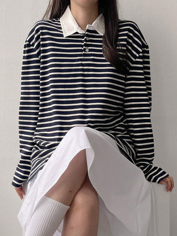 Women's Striped Polo Neck Long Sleeve T-Shirt, Fall Tee Women's Striped Polo Neck Long Sleeve T-Shirt, Fall Tee