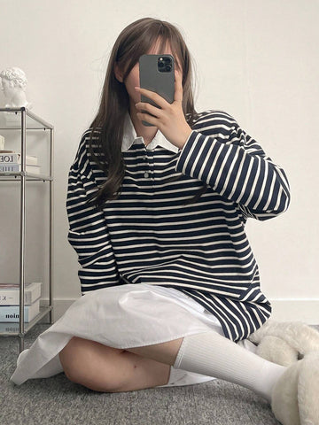 Women's Striped Polo Neck Long Sleeve T-Shirt, Fall Tee Women's Striped Polo Neck Long Sleeve T-Shirt, Fall Tee