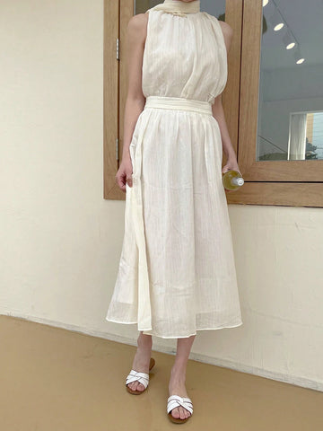 DAZY Women's Summer Elegant Stand Collar Sleeveless Blouse And Skirt Set DAZY Women's Summer Elegant Stand Collar Sleeveless Blouse And Skirt Set