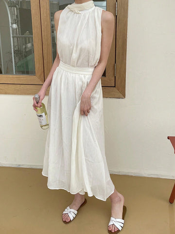 DAZY Women's Summer Elegant Stand Collar Sleeveless Blouse And Skirt Set DAZY Women's Summer Elegant Stand Collar Sleeveless Blouse And Skirt Set