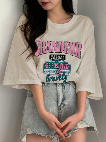 DAZY Women's Summer Loose Fit Casual T-Shirt With Round Neck, Drop Shoulder Sleeves And Slogan Print DAZY Women's Summer Loose Fit Casual T-Shirt With Round Neck, Drop Shoulder Sleeves And Slogan Print