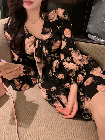 DAZY Women's V-Neck Casual All-Over Floral Print Long Sleeve Mini Dress DAZY Women's V-Neck Casual All-Over Floral Print Long Sleeve Mini Dress