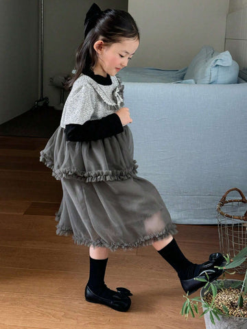 DAZY Young Girl Bowknot Decor Long Sleeve Mesh Hem 2 In 1 Cute Dress, Spring Autumn DAZY Young Girl Bowknot Decor Long Sleeve Mesh Hem 2 In 1 Cute Dress, Spring Autumn
