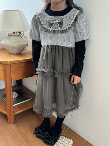 DAZY Young Girl Bowknot Decor Long Sleeve Mesh Hem 2 In 1 Cute Dress, Spring Autumn DAZY Young Girl Bowknot Decor Long Sleeve Mesh Hem 2 In 1 Cute Dress, Spring Autumn