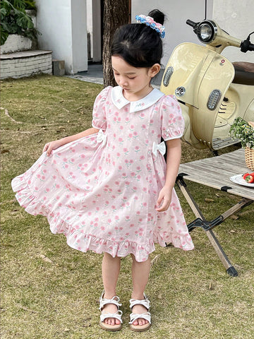 DAZY Young Girl Ditsy Floral Bow Decor Puff Sleeve Dress Summer DAZY Young Girl Ditsy Floral Bow Decor Puff Sleeve Dress Summer