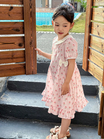 DAZY Young Girl Ditsy Floral Bow Decor Puff Sleeve Dress Summer DAZY Young Girl Ditsy Floral Bow Decor Puff Sleeve Dress Summer