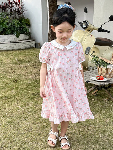 DAZY Young Girl Ditsy Floral Bow Decor Puff Sleeve Dress Summer DAZY Young Girl Ditsy Floral Bow Decor Puff Sleeve Dress Summer