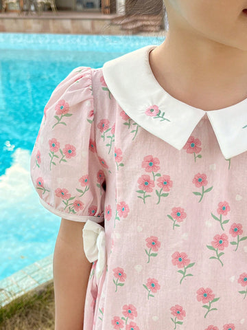 DAZY Young Girl Ditsy Floral Bow Decor Puff Sleeve Dress Summer DAZY Young Girl Ditsy Floral Bow Decor Puff Sleeve Dress Summer