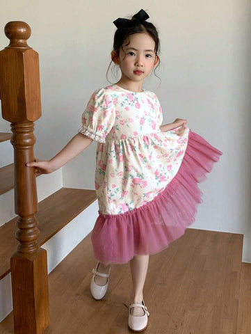 DAZY Young Girl Girls Floral Print Splicing Mesh Short Sleeve Dress, Summer DAZY Young Girl Girls Floral Print Splicing Mesh Short Sleeve Dress, Summer