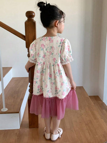 DAZY Young Girl Girls Floral Print Splicing Mesh Short Sleeve Dress, Summer DAZY Young Girl Girls Floral Print Splicing Mesh Short Sleeve Dress, Summer