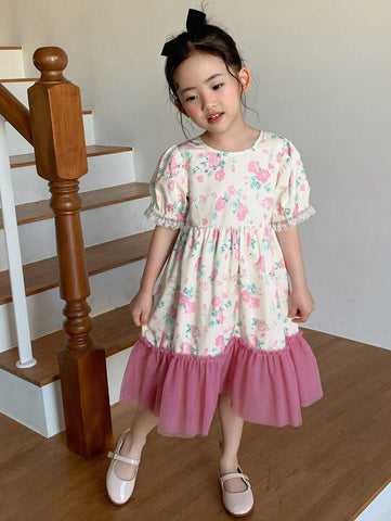 DAZY Young Girl Girls Floral Print Splicing Mesh Short Sleeve Dress, Summer DAZY Young Girl Girls Floral Print Splicing Mesh Short Sleeve Dress, Summer