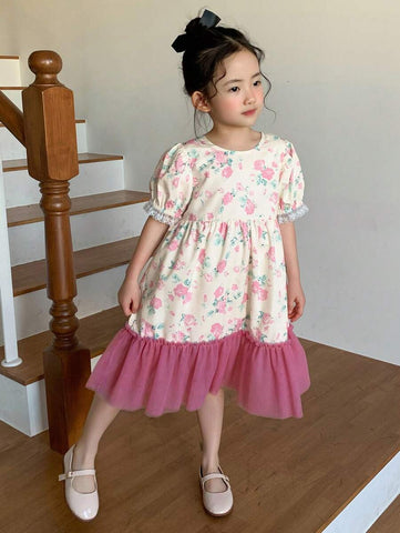 DAZY Young Girl Girls Floral Print Splicing Mesh Short Sleeve Dress, Summer DAZY Young Girl Girls Floral Print Splicing Mesh Short Sleeve Dress, Summer
