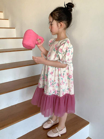 DAZY Young Girl Girls Floral Print Splicing Mesh Short Sleeve Dress, Summer DAZY Young Girl Girls Floral Print Splicing Mesh Short Sleeve Dress, Summer