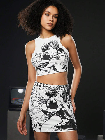 Cartoon Figure Graphic Crop Tank Top & Skirt Set Cartoon Figure Graphic Crop Tank Top & Skirt Set