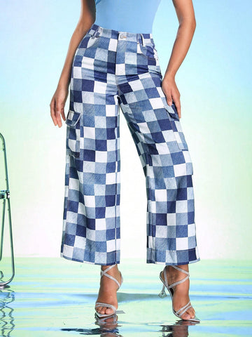 DREAM28 Women's Plaid Printed Simple Wide-Leg Pants DREAM28 Women's Plaid Printed Simple Wide-Leg Pants