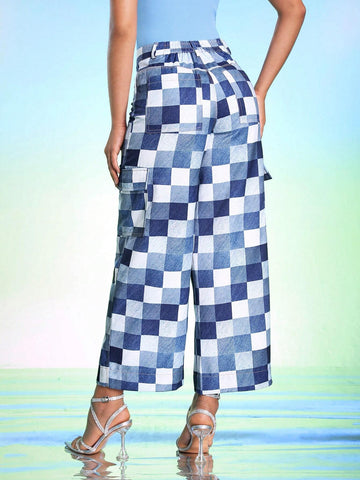 DREAM28 Women's Plaid Printed Simple Wide-Leg Pants DREAM28 Women's Plaid Printed Simple Wide-Leg Pants