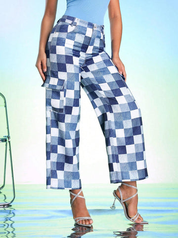 DREAM28 Women's Plaid Printed Simple Wide-Leg Pants DREAM28 Women's Plaid Printed Simple Wide-Leg Pants