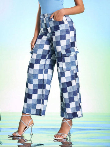 DREAM28 Women's Plaid Printed Simple Wide-Leg Pants DREAM28 Women's Plaid Printed Simple Wide-Leg Pants