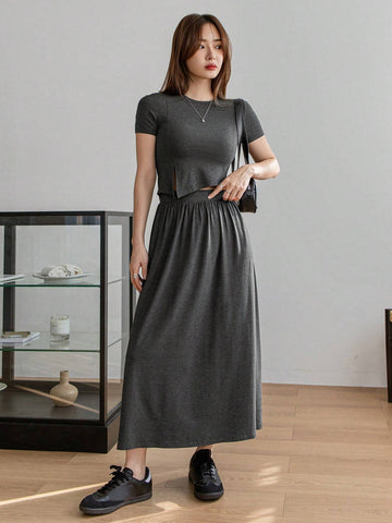 Dazy-Less Women's Round Neck Short Sleeve Asymmetrical Hem Top And Long Skirt Set Dazy-Less Women's Round Neck Short Sleeve Asymmetrical Hem Top And Long Skirt Set