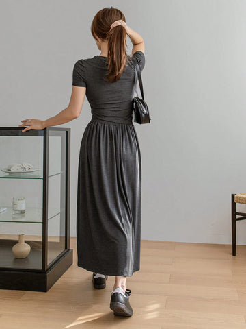 Dazy-Less Women's Round Neck Short Sleeve Asymmetrical Hem Top And Long Skirt Set Dazy-Less Women's Round Neck Short Sleeve Asymmetrical Hem Top And Long Skirt Set