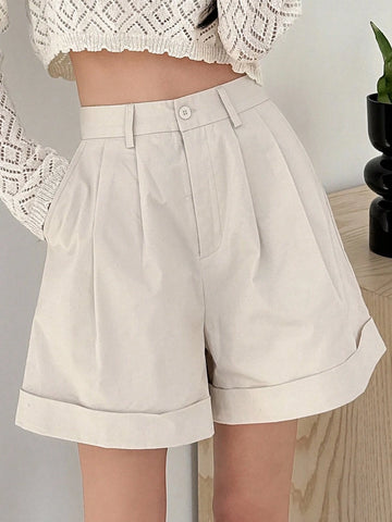 Dazy Designer Ladies' Tailored White Shorts With Flipped Hem Detail Dazy Designer Ladies' Tailored White Shorts With Flipped Hem Detail