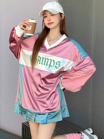 Letter Graphic Colorblock Drop Shoulder Satin 2 In 1 Tee Letter Graphic Colorblock Drop Shoulder Satin 2 In 1 Tee