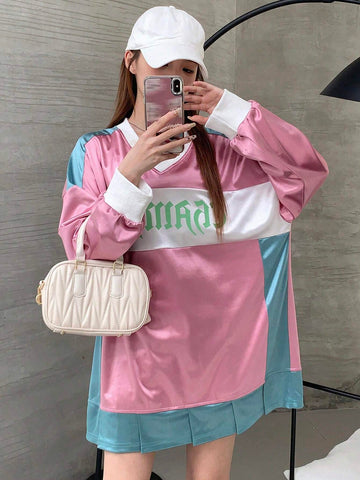 Letter Graphic Colorblock Drop Shoulder Satin 2 In 1 Tee Letter Graphic Colorblock Drop Shoulder Satin 2 In 1 Tee