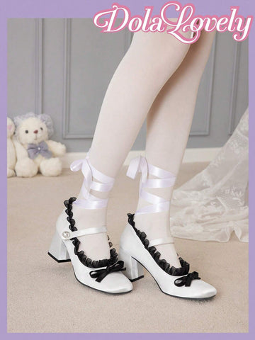 Lace-Up Mary Jane Pumps For Women Featuring Pearl & Bowknot Detailing Lace-Up Mary Jane Pumps For Women Featuring Pearl & Bowknot Detailing