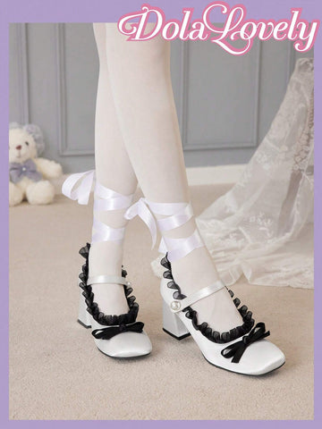 Lace-Up Mary Jane Pumps For Women Featuring Pearl & Bowknot Detailing Lace-Up Mary Jane Pumps For Women Featuring Pearl & Bowknot Detailing
