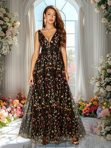 Double Crazy Women Elegant Embroidery Detail Deep V-Neck Waisted Long Evening Dress, Summer Double Crazy Women Elegant Embroidery Detail Deep V-Neck Waisted Long Evening Dress, Summer