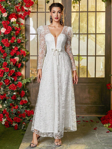 Double Crazy Women's Floral Mesh Puff Long Sleeve Evening Party Dress Double Crazy Women's Floral Mesh Puff Long Sleeve Evening Party Dress